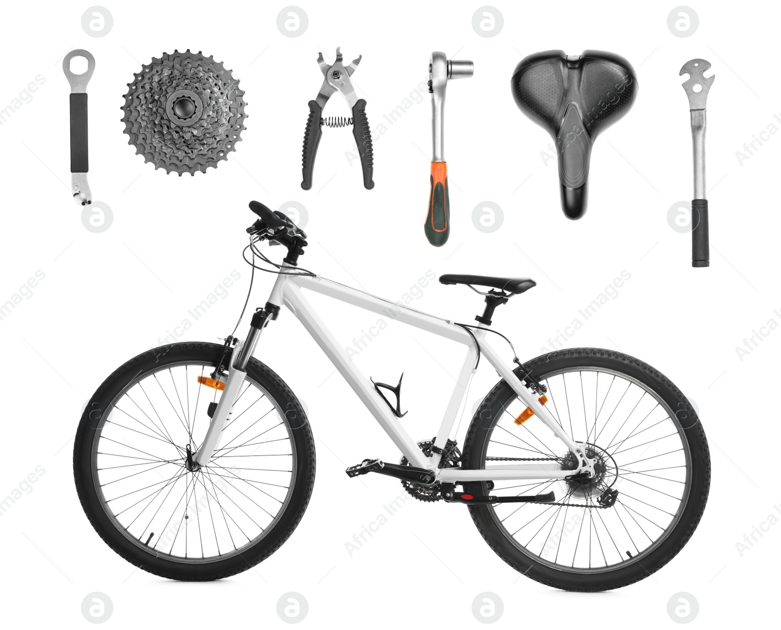 Image of Modern bicycle, its details and tools for repair on white background, collage