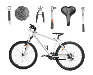 Image of Modern bicycle, its details and tools for repair on white background, collage