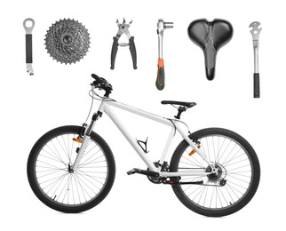 Modern bicycle, its details and tools for repair on white background, collage