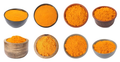 Image of Set with saffron powder on white background