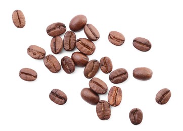 Many roasted coffee beans isolated on white, top view