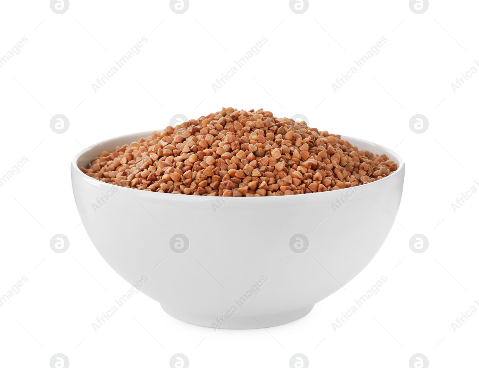 Photo of Uncooked buckwheat in bowl isolated on white