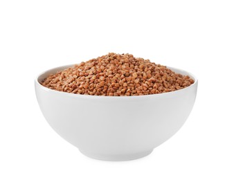 Uncooked buckwheat in bowl isolated on white