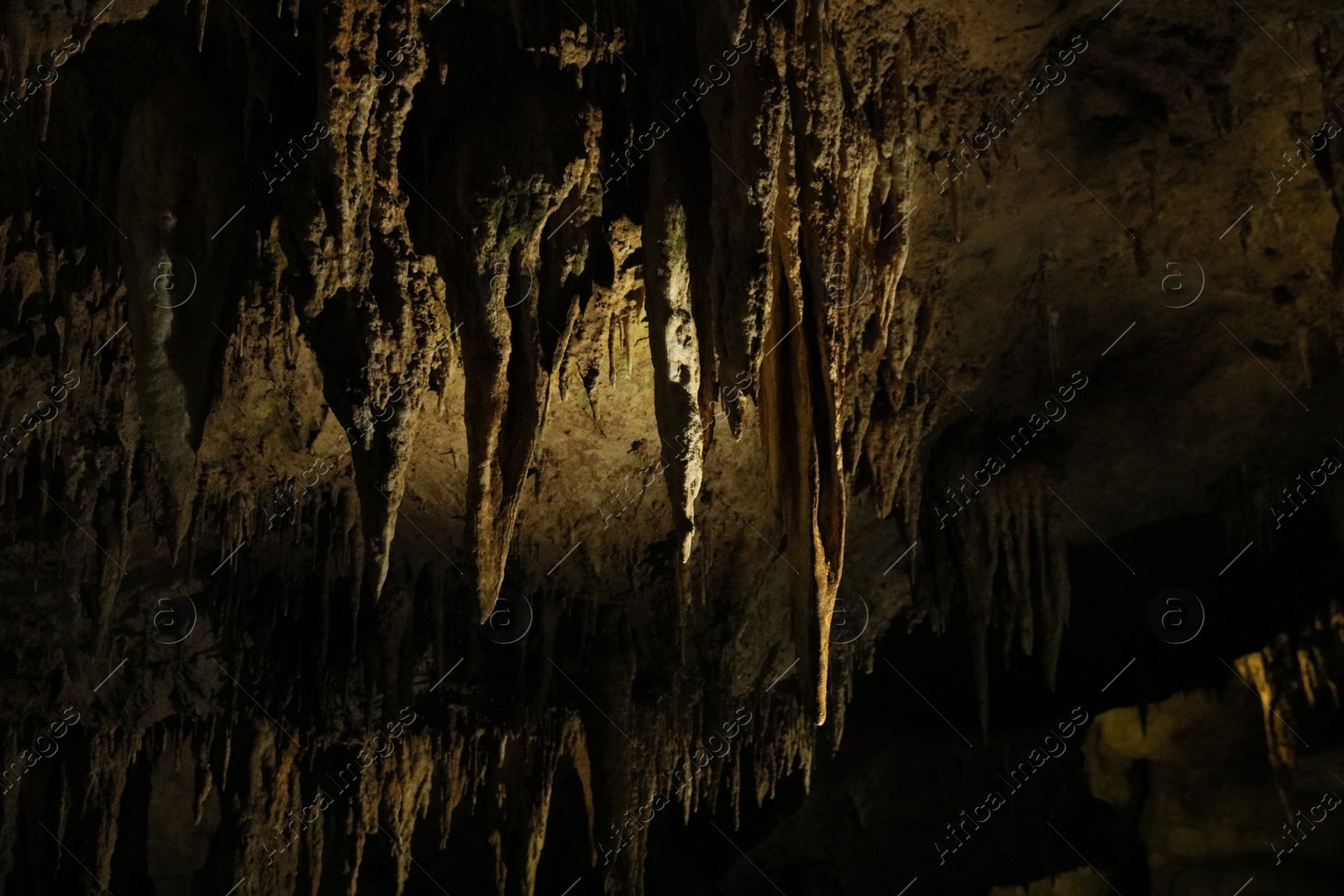 Photo of Picturesque view of many stalactite formations in dark cave