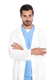 Young male doctor in uniform on white background. Medical service