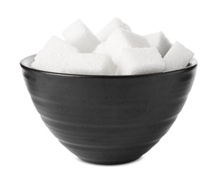 Bowl of refined sugar cubes isolated on white