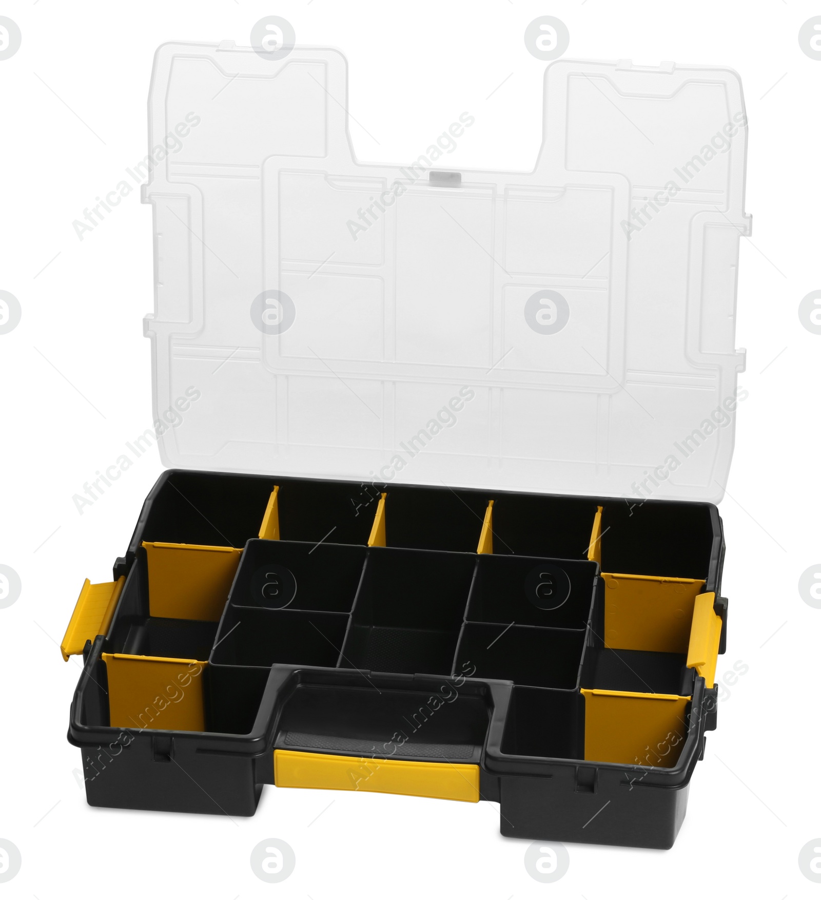 Photo of Empty plastic box for tools isolated on white