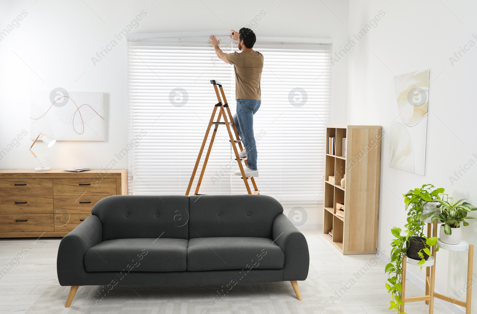 Photo of Man on wooden folding ladder installing blinds at home, back view