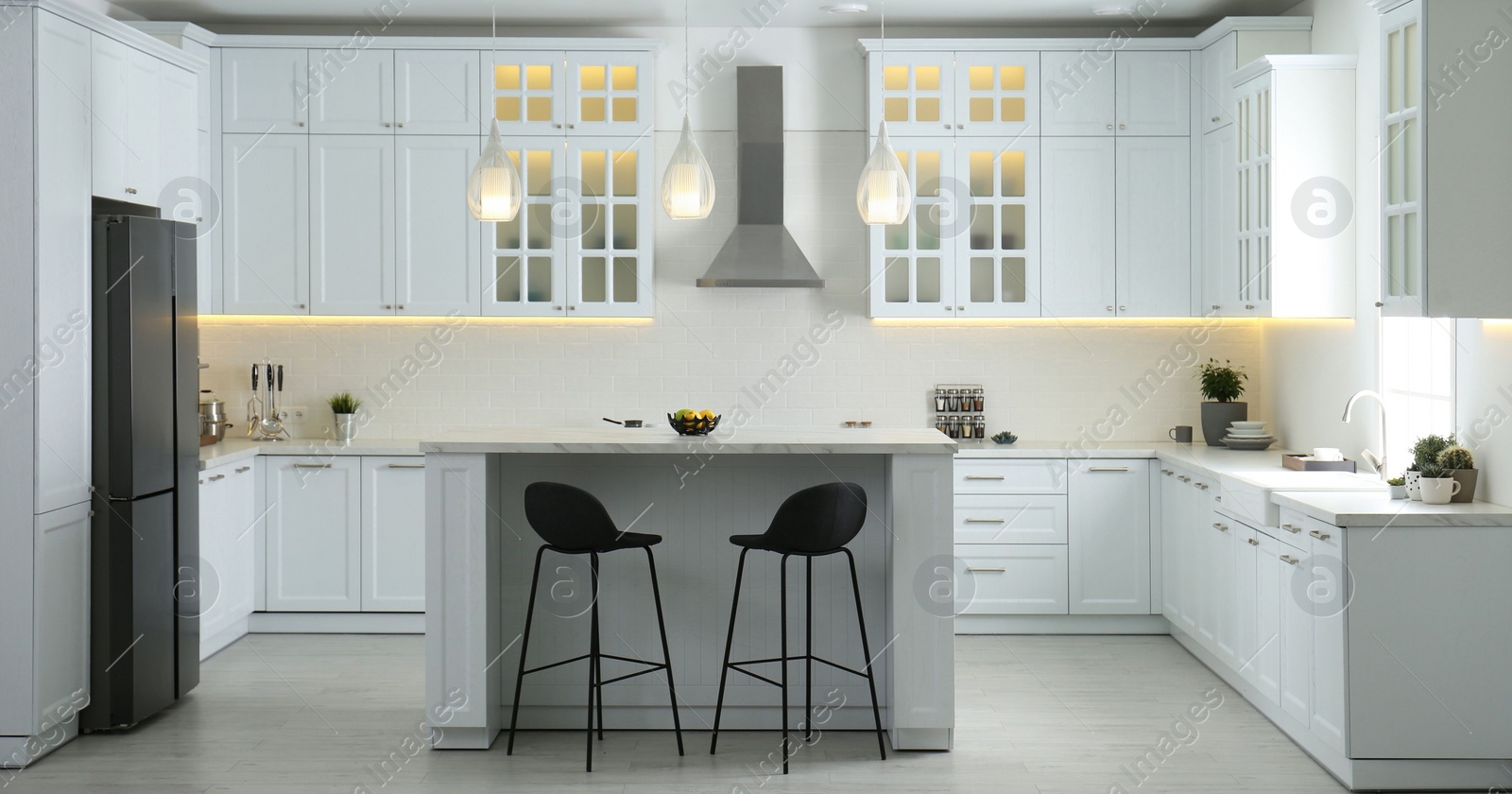 Image of Beautiful kitchen interior with new stylish furniture. Banner design