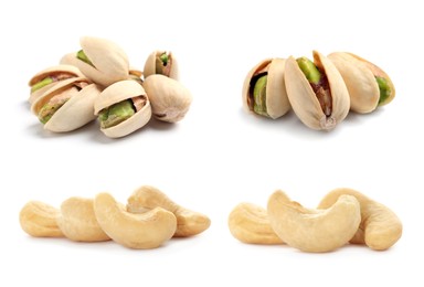 Image of Tasty pistachio nuts and cashews isolated on white, set