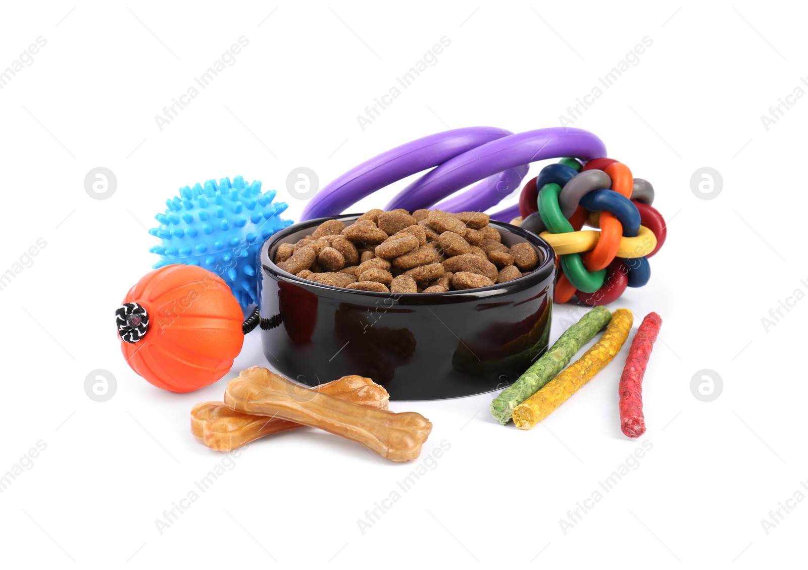 Photo of Dry pet food, toys and other goods isolated on white. Shop items