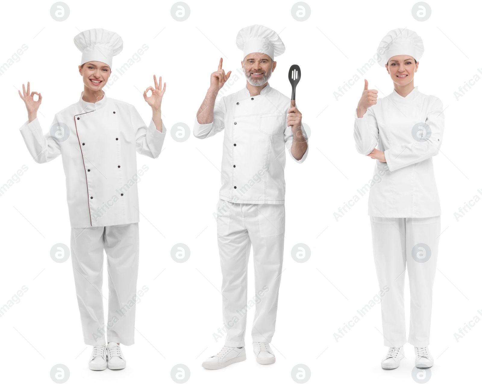 Image of Chefs in uniforms on white background, set with photos