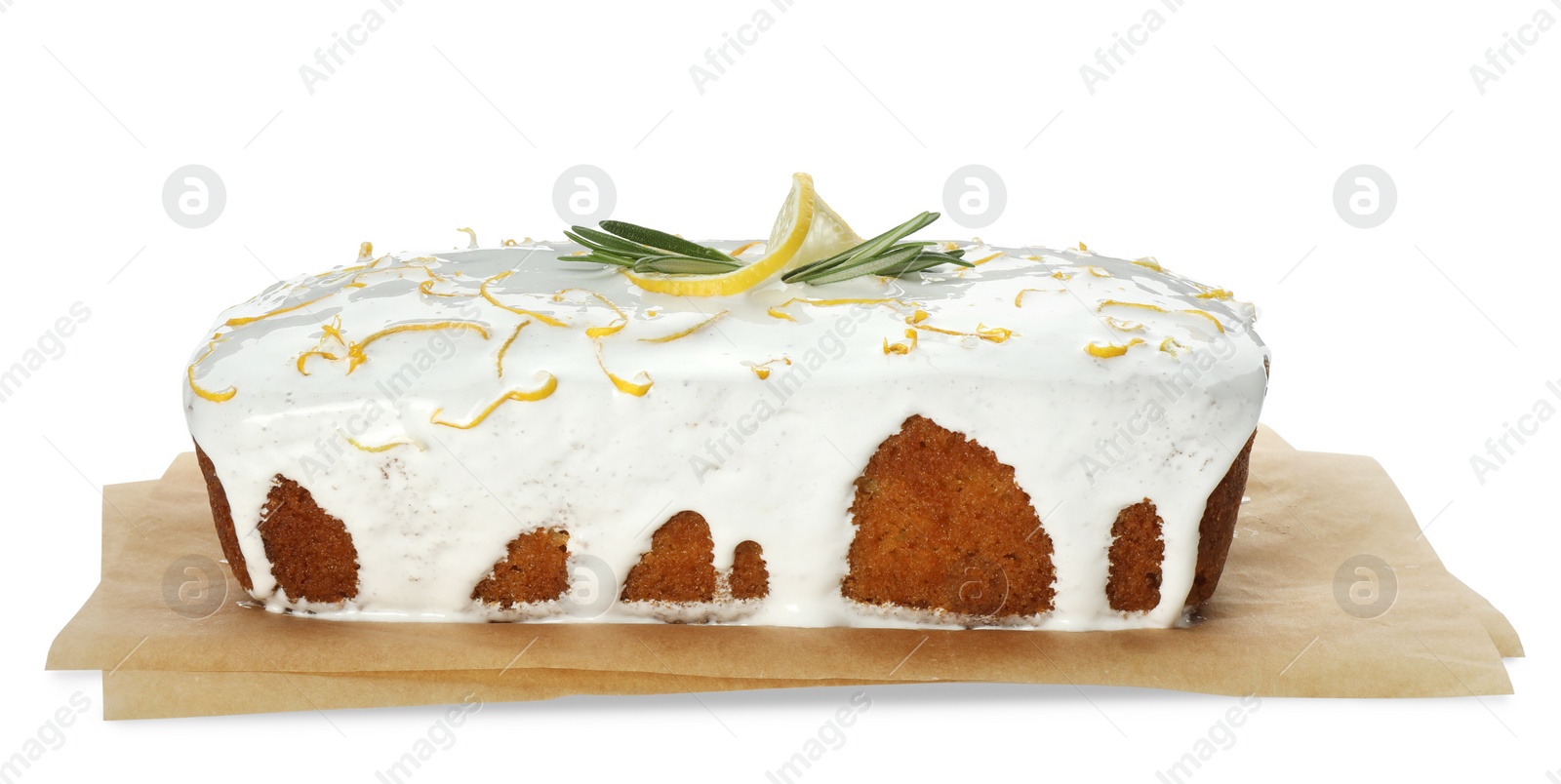 Photo of Tasty lemon cake with glaze isolated on white