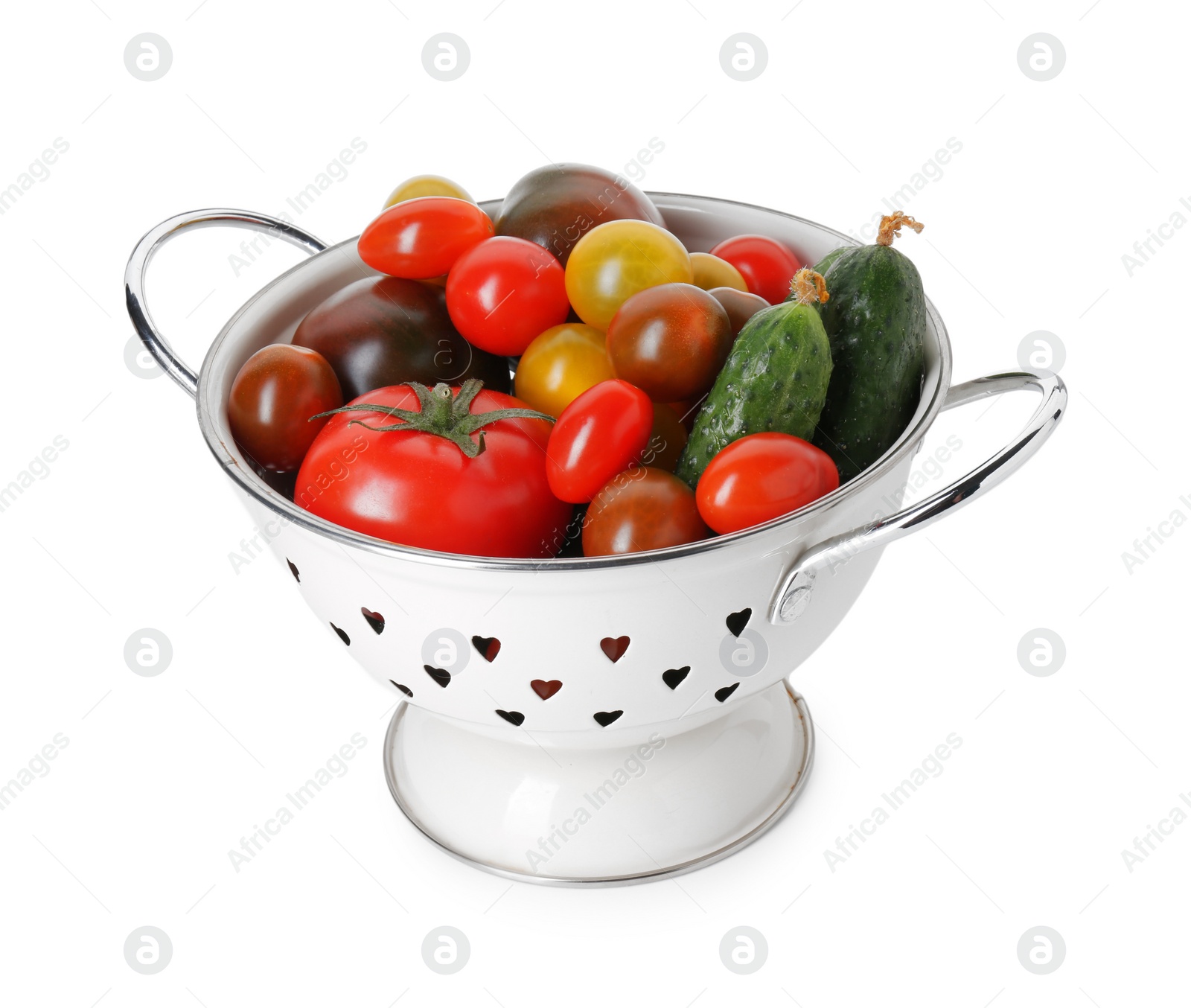 Photo of Metal colander with different tomatoes and cucumbers isolated on white