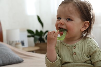Photo of Cute baby girl with teething toy at home