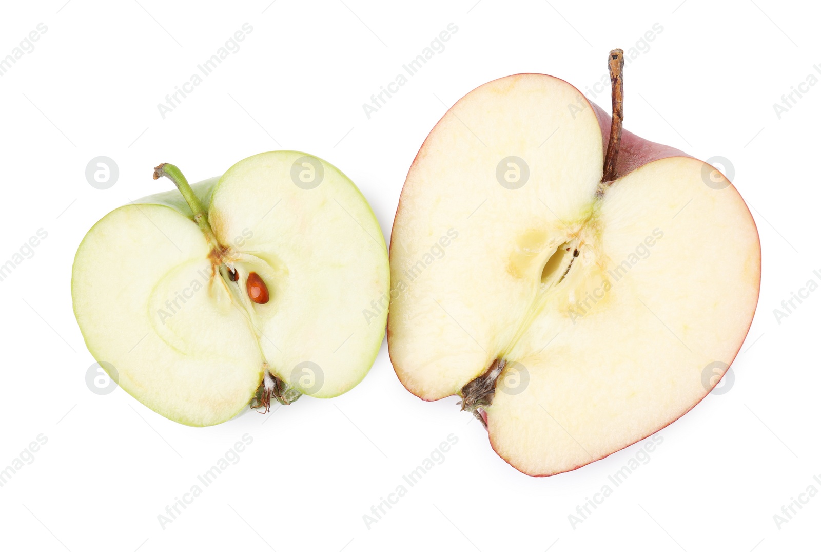 Photo of Pieces of ripe apples isolated on white, top view