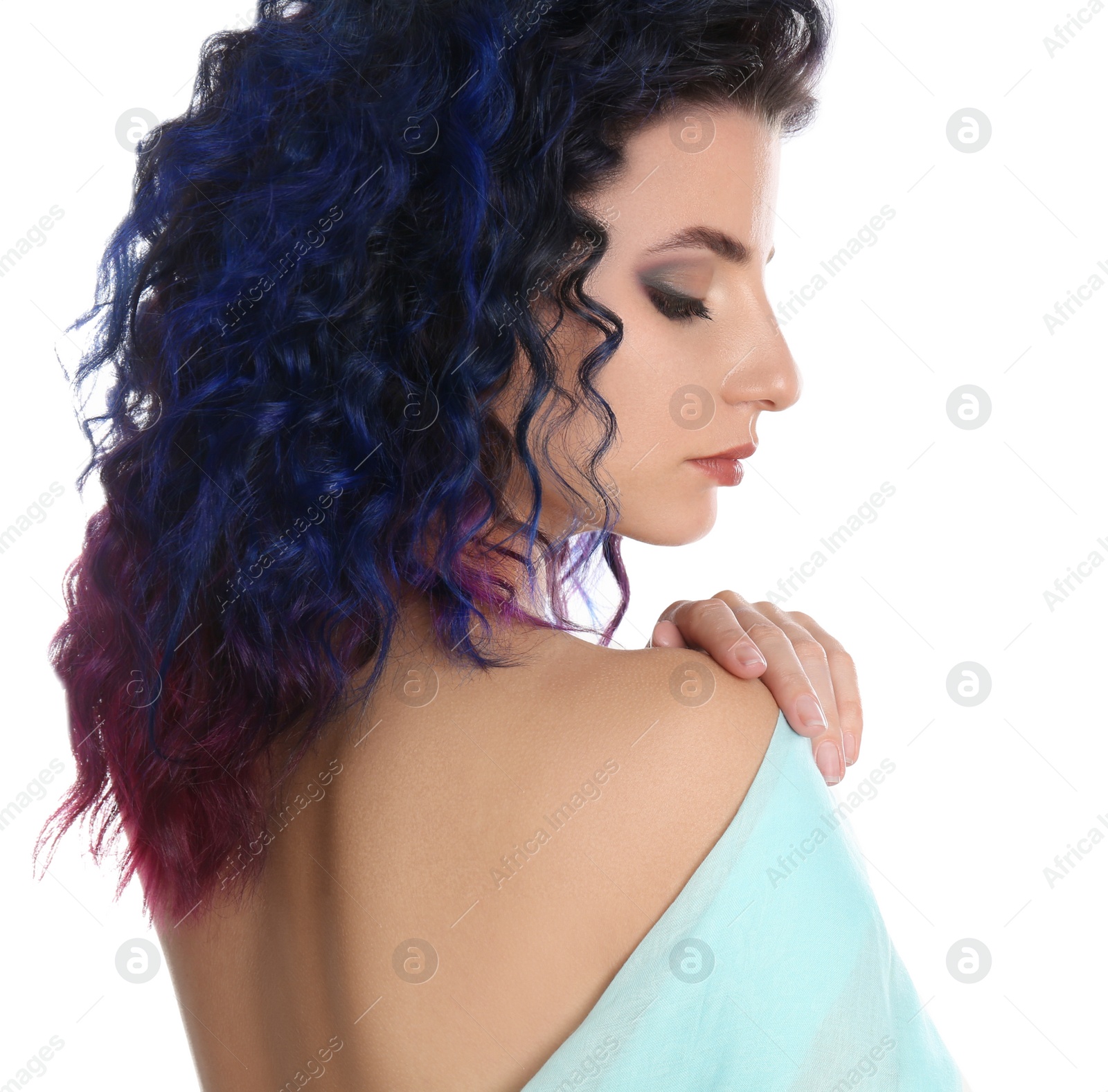 Photo of Young woman with bright dyed hair on white background