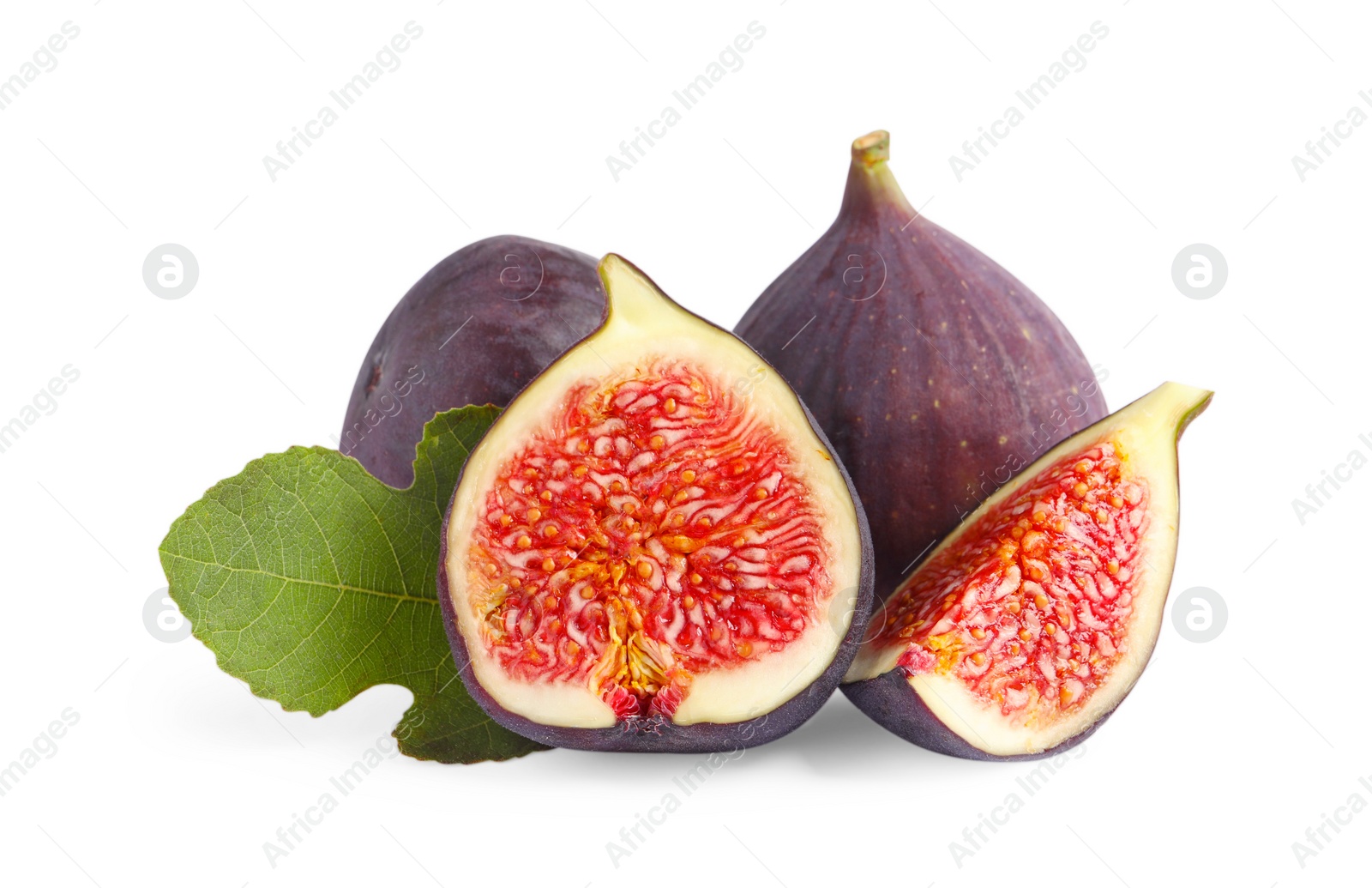 Photo of Cut and whole ripe figs isolated on white