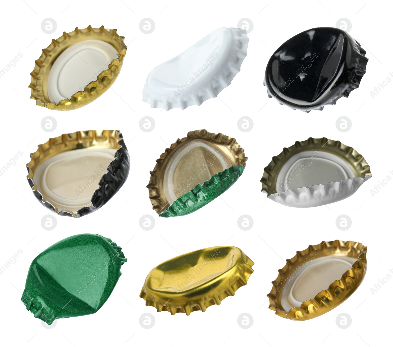 Image of Different beer bottle caps isolated on white, set