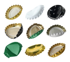 Image of Different beer bottle caps isolated on white, set