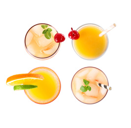 Image of Set of Tequila Sunrise cocktails on white background, top view