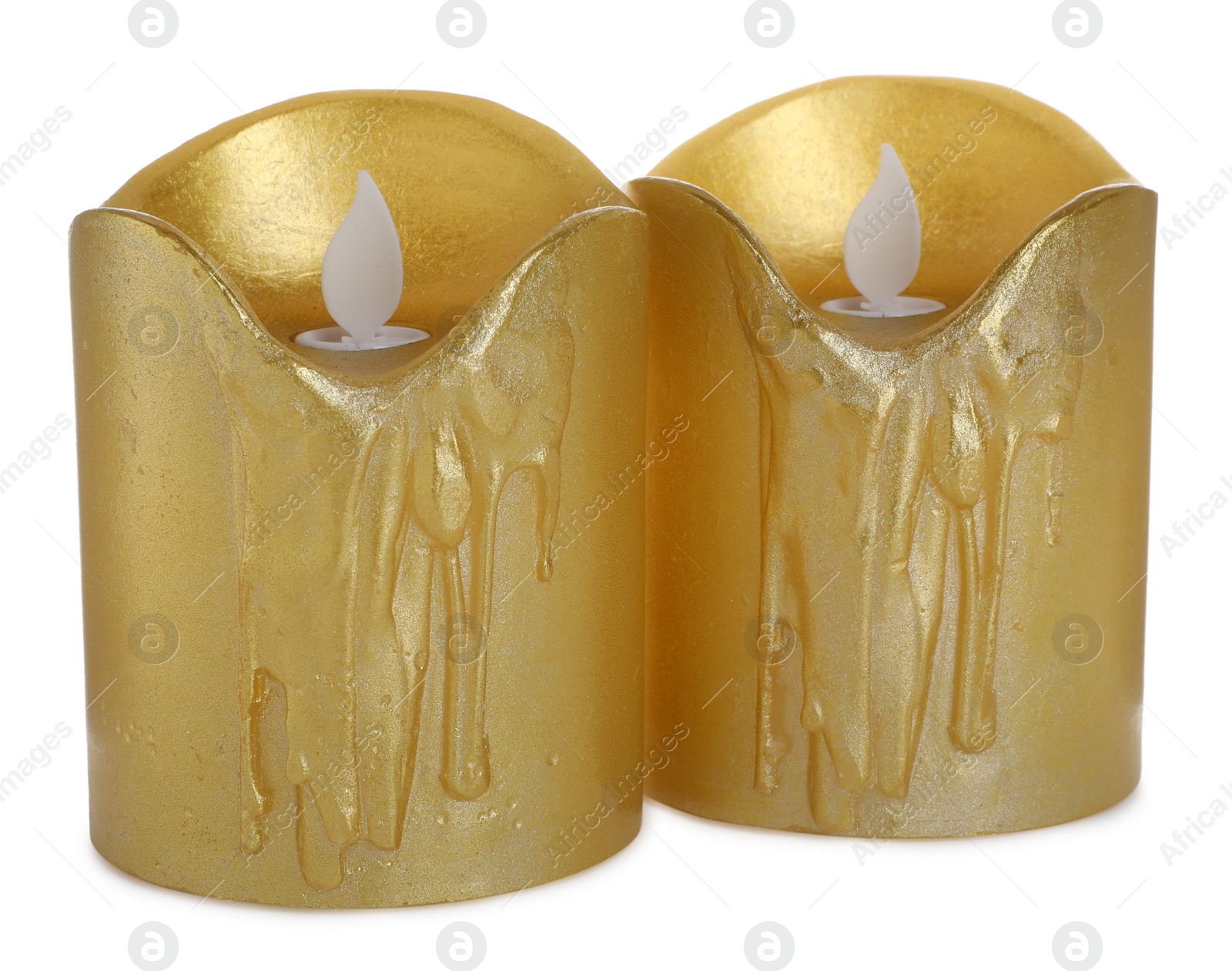 Photo of Decorative flameless LED candles on white background