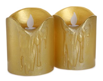 Photo of Decorative flameless LED candles on white background