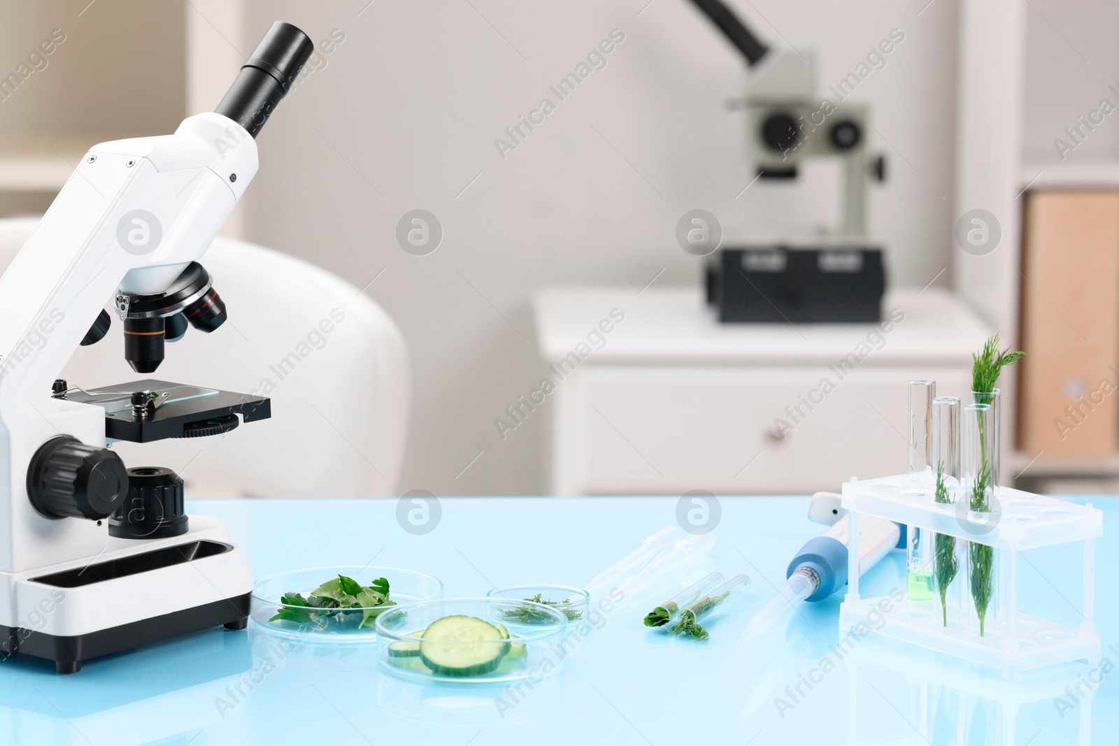 Photo of Food quality control. Microscope, petri dishes with different products and other laboratory equipment on light blue table