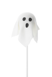 Photo of Delicious ghost cake pop isolated on white. Halloween holiday