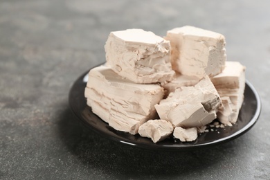 Plate with pieces of compressed yeast on grey table