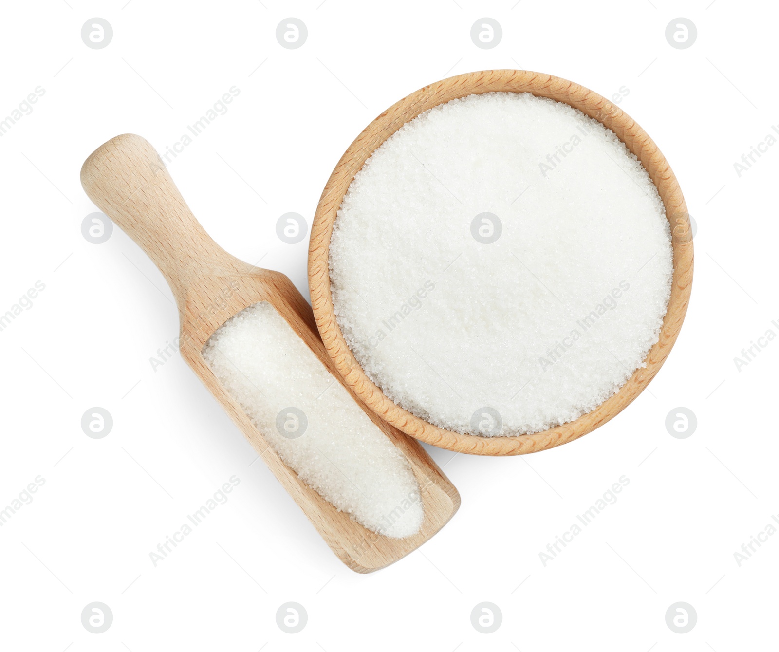 Photo of Granulated sugar in bowl and scoop isolated on white, top view