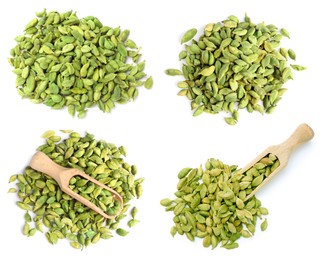 Image of Set with cardamom seeds on white background, top view