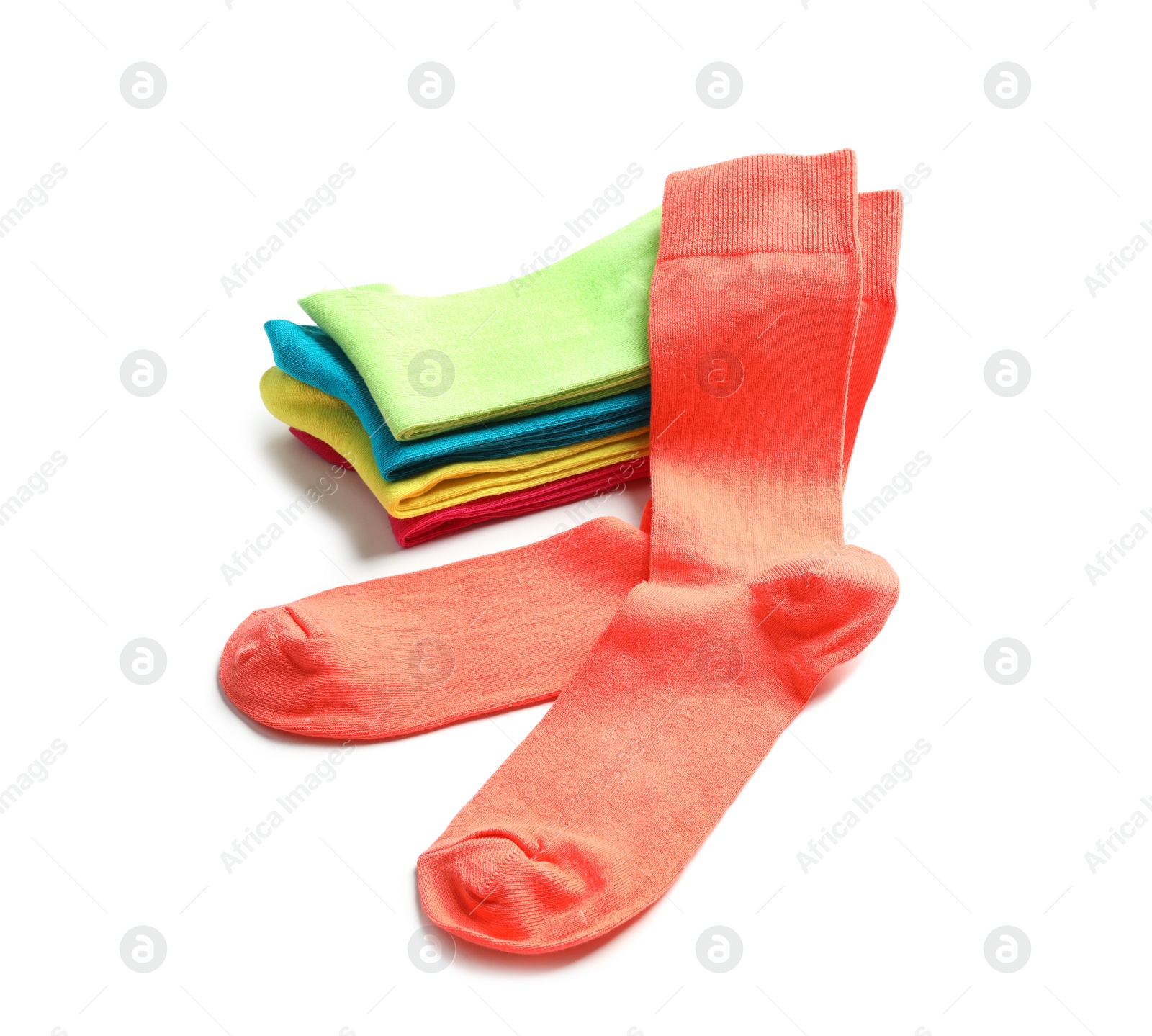 Photo of Different colorful socks on white background