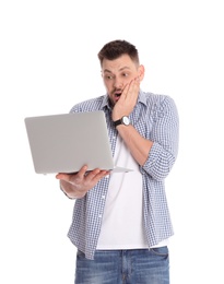 Emotional man with laptop on white background