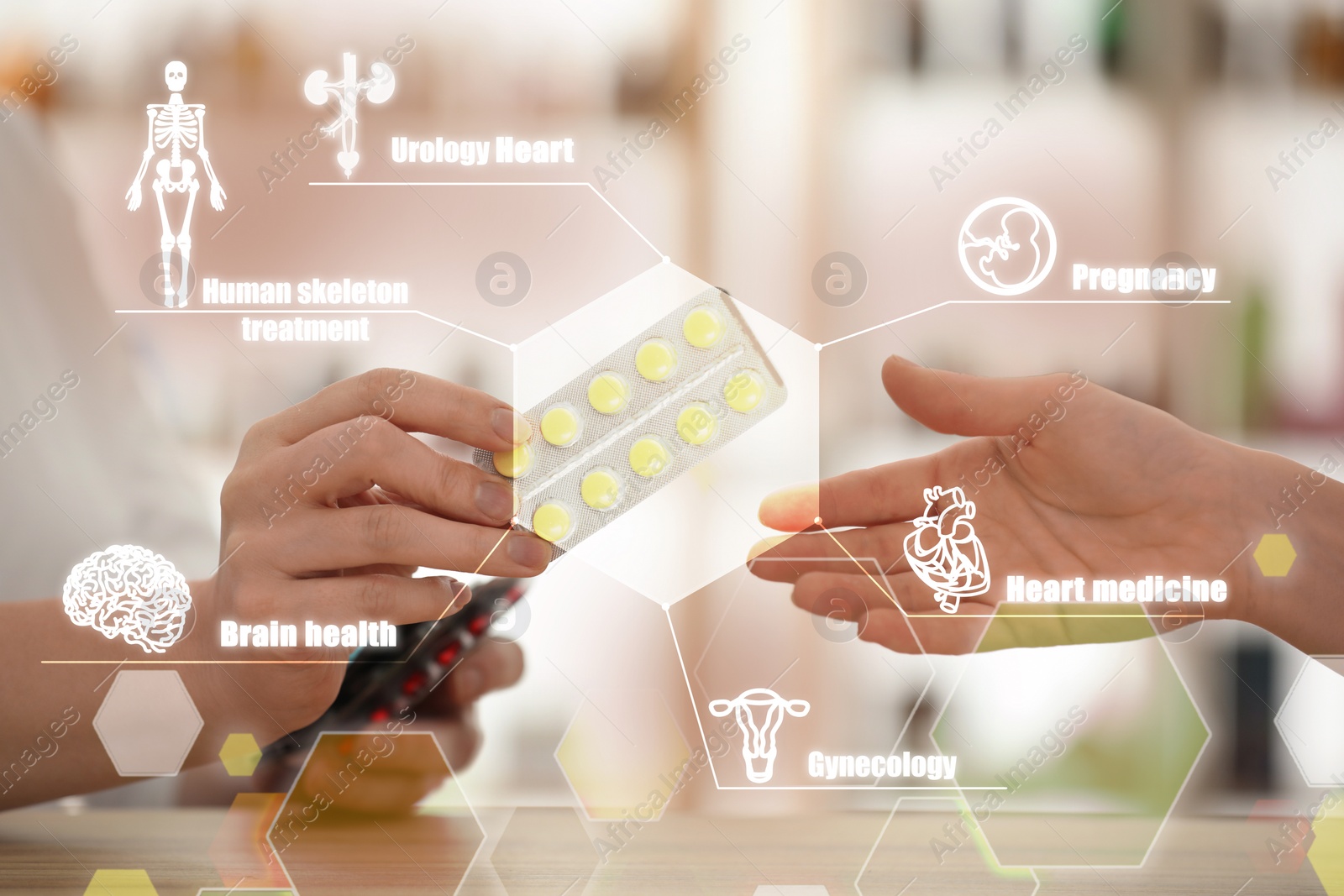 Image of Professional pharmacist giving pills to customer in drugstore, closeup