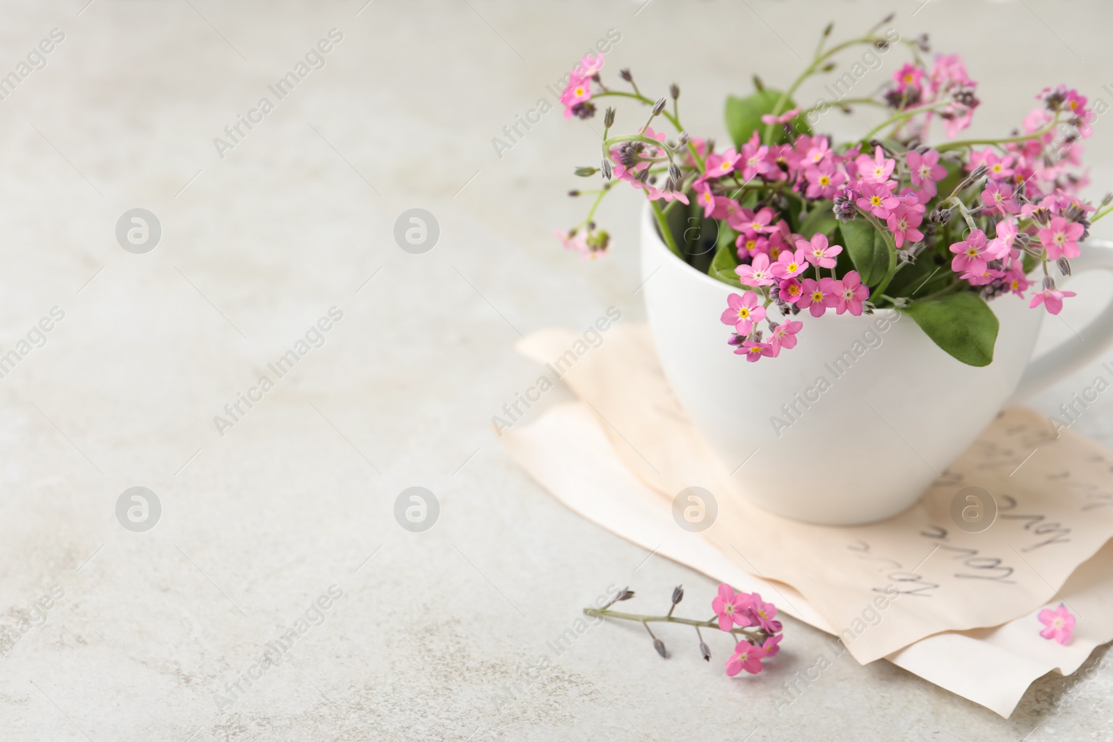 Photo of Beautiful pink forget-me-not flowers with cup on light stone table. Space for text