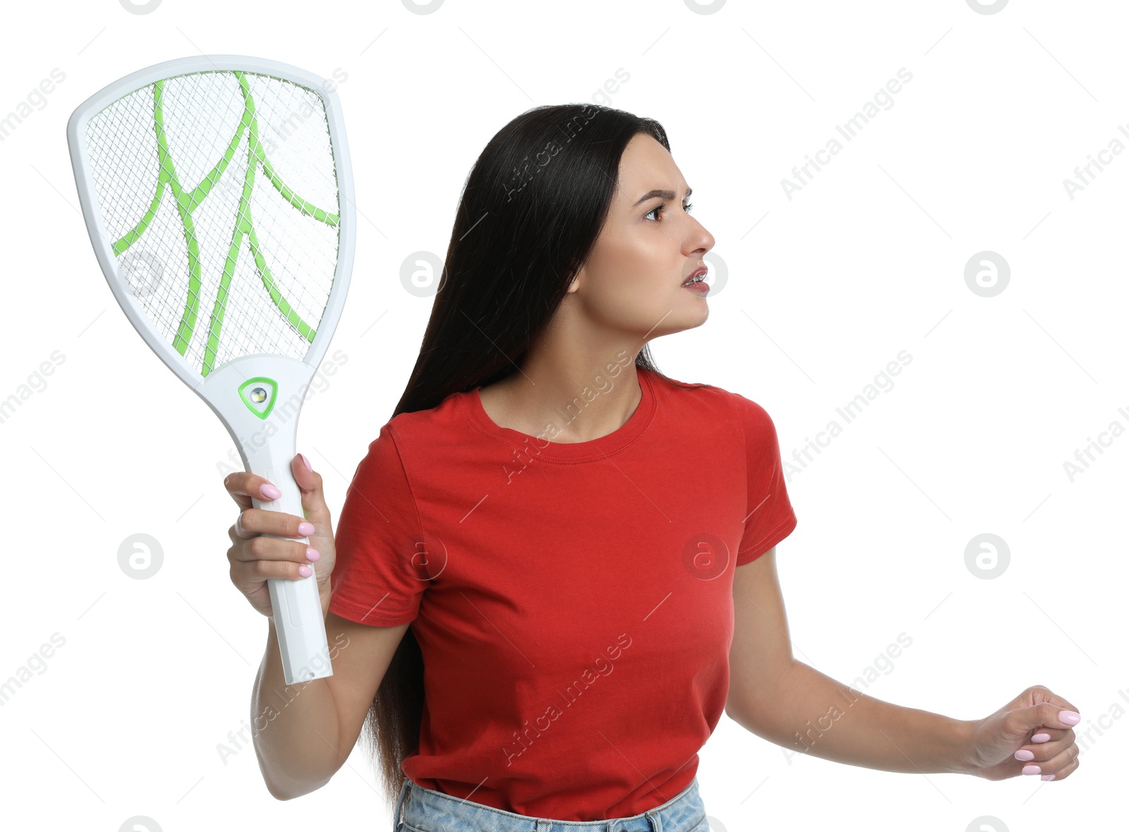 Photo of Young woman with electric fly swatter on white background. Insect killer