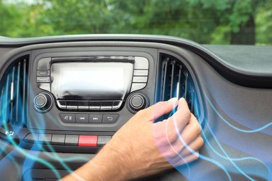 Image of Woman turn on conditioner in car and illustration of cool air flow, closeup