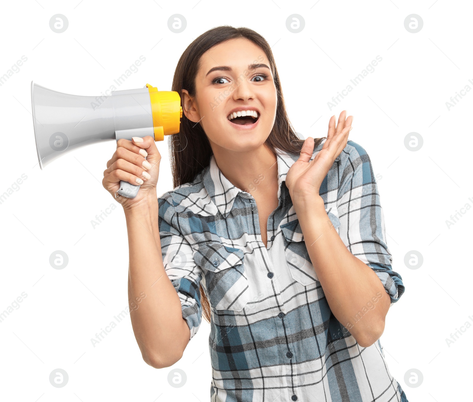 Photo of Young woman with megaphone on white background