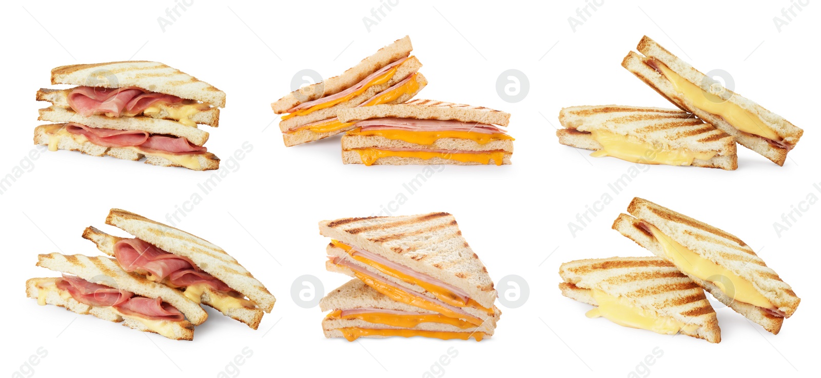 Image of Tasty grilled sandwiches with ham and melted cheese isolated on white, collection