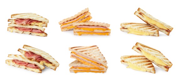 Image of Tasty grilled sandwiches with ham and melted cheese isolated on white, collection