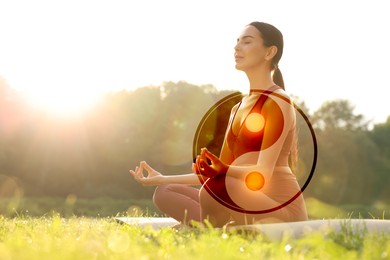 Image of Beautiful woman meditating on green meadow in morning. Yin and yang symbol