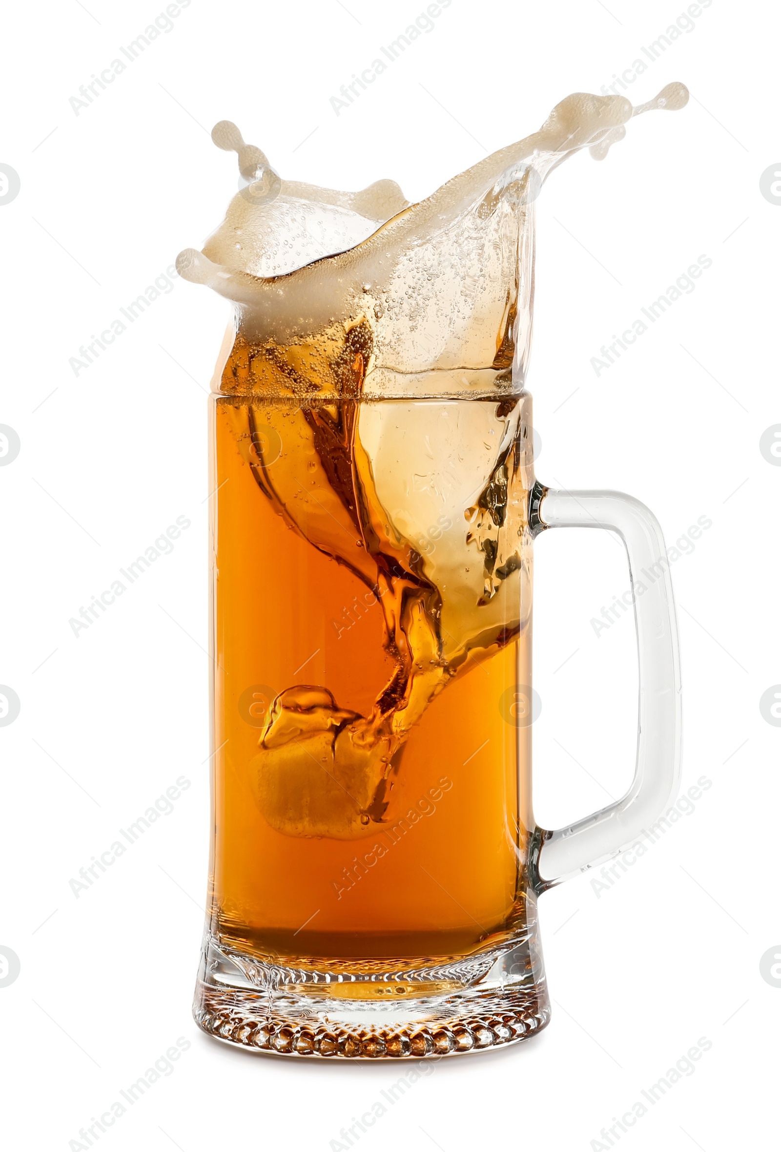 Photo of Beer splashing out of glass on white background