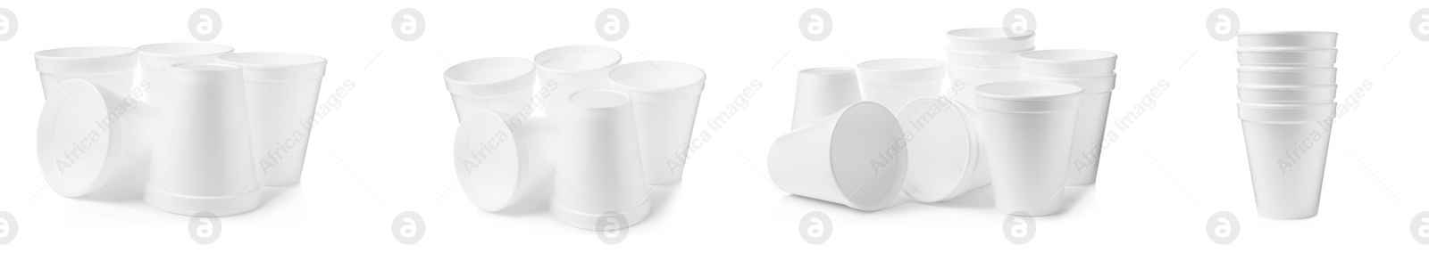 Image of Set with styrofoam cups on white background. Banner design