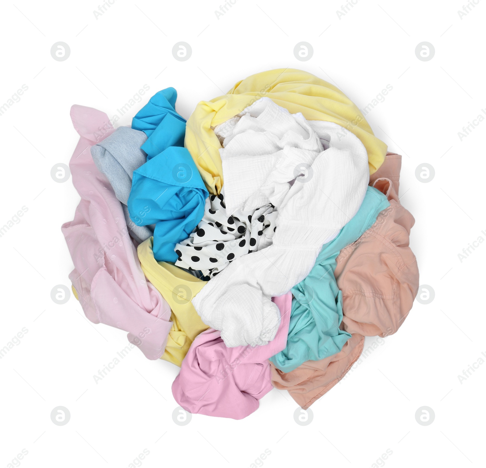 Photo of Pile of clothes isolated on white, top view