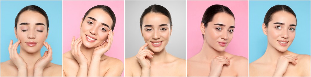 Portrait of young woman with perfect skin on different color backgrounds, collage. Banner design