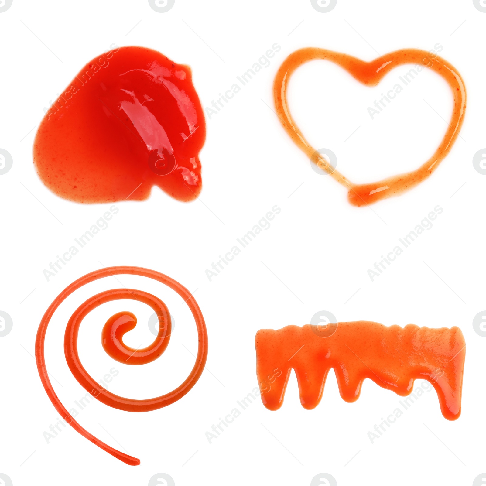 Image of Set of delicious tomato sauce on white background, top view