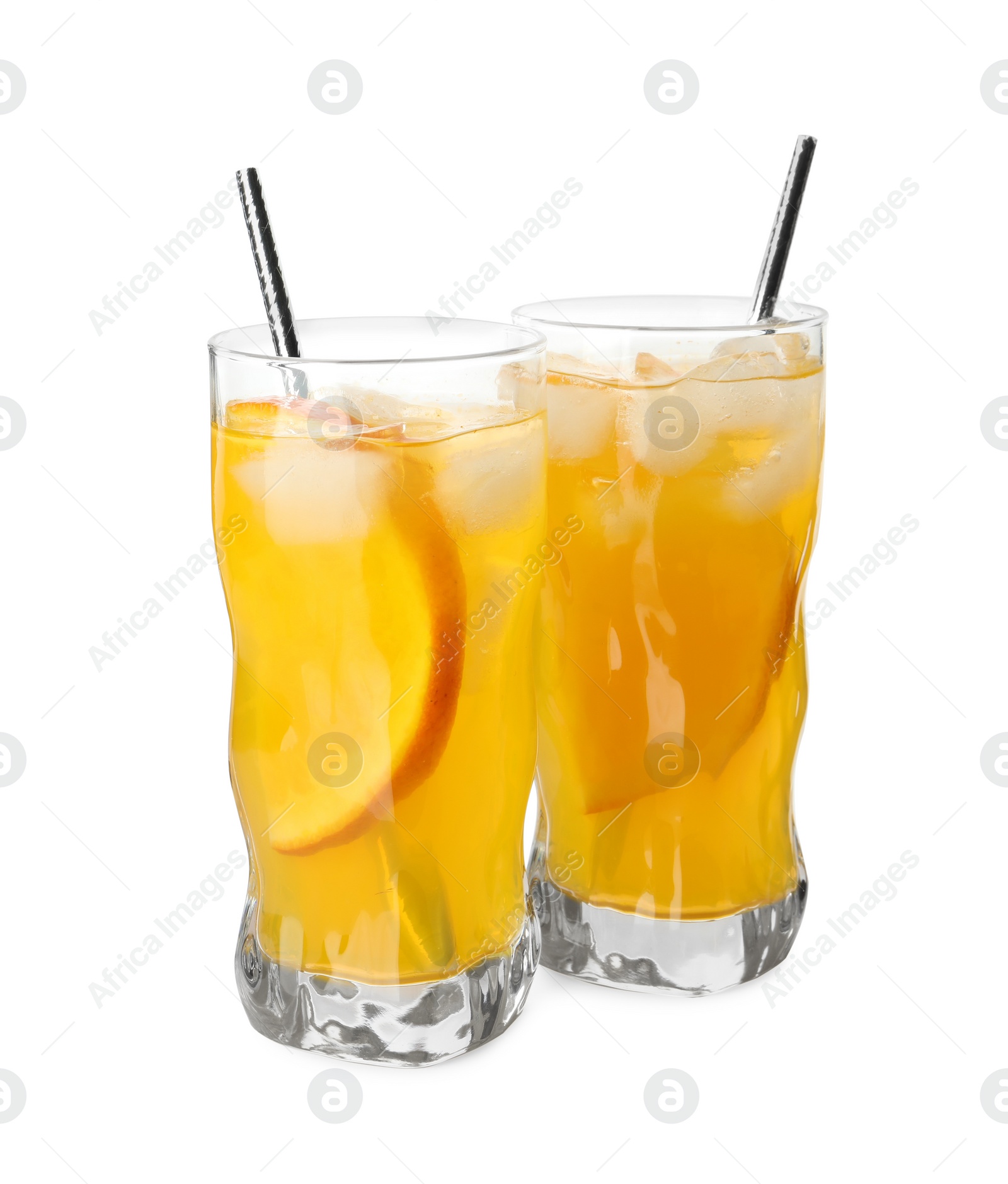 Photo of Delicious orange soda water on white background