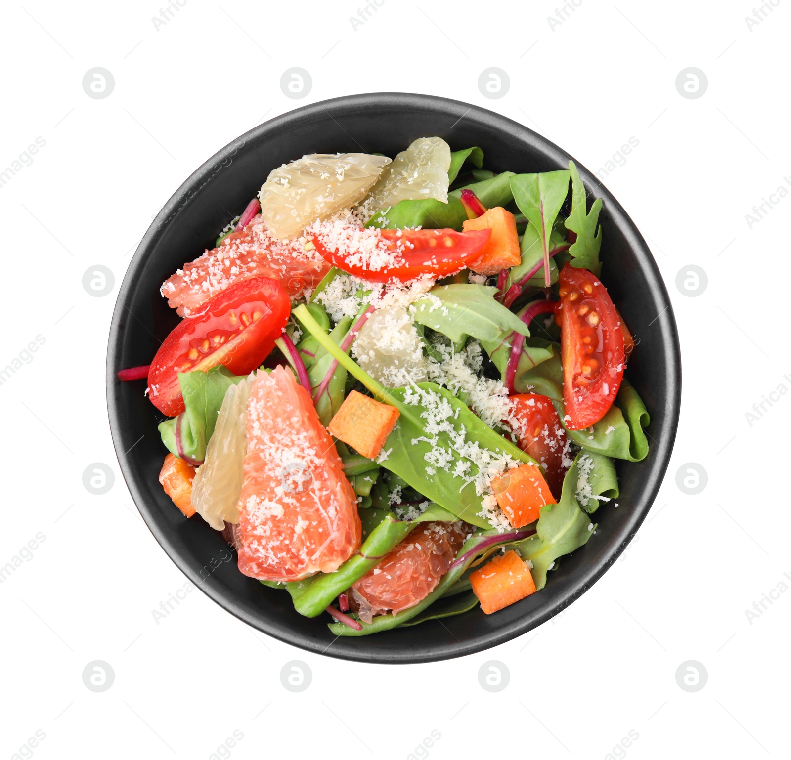 Photo of Delicious salad with pomelo, shrimps and tomatoes in bowl on white background, top view