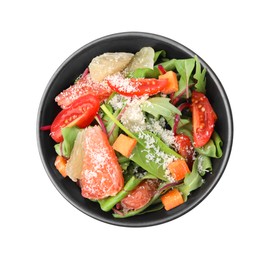Photo of Delicious salad with pomelo, shrimps and tomatoes in bowl on white background, top view